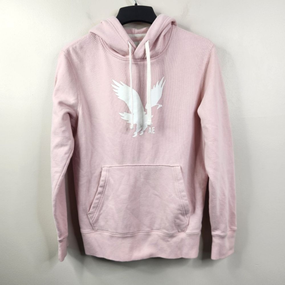 American Eagle Mens Super Soft Light Pink Long Sleeve Pullover Logo Hoodie Small